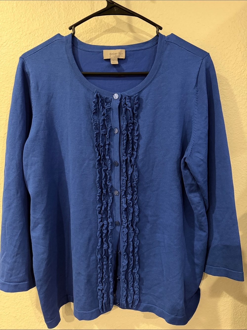 Amber Sun Blue Ruffle-Front Button Top - Picture 1 of 5